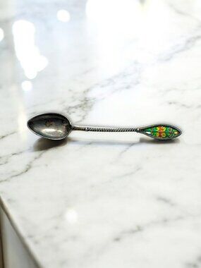 Antique 800 Silver Spoon Brooch Enamel Handle Monogram